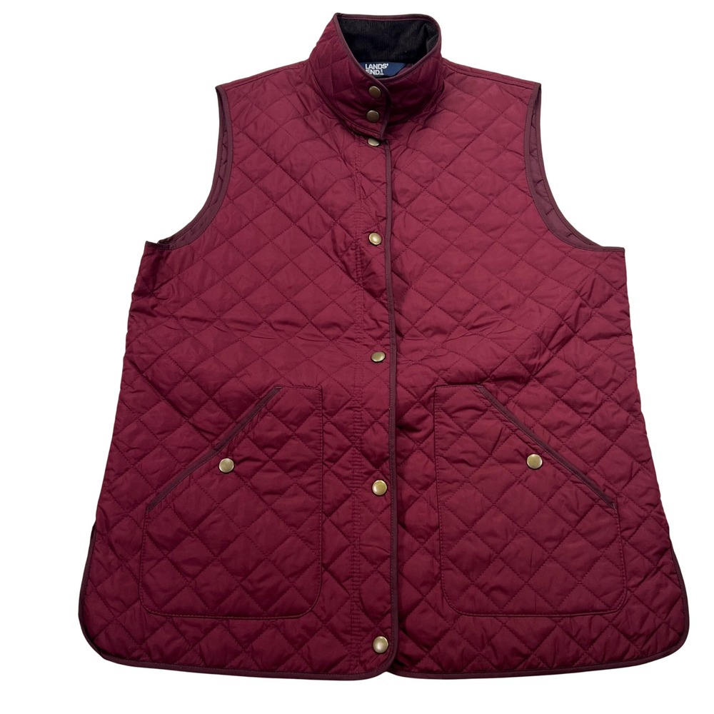 Lands End Quilted Vest Women M 10-12 Burgundy PrimaLoft Insulated Snap Front